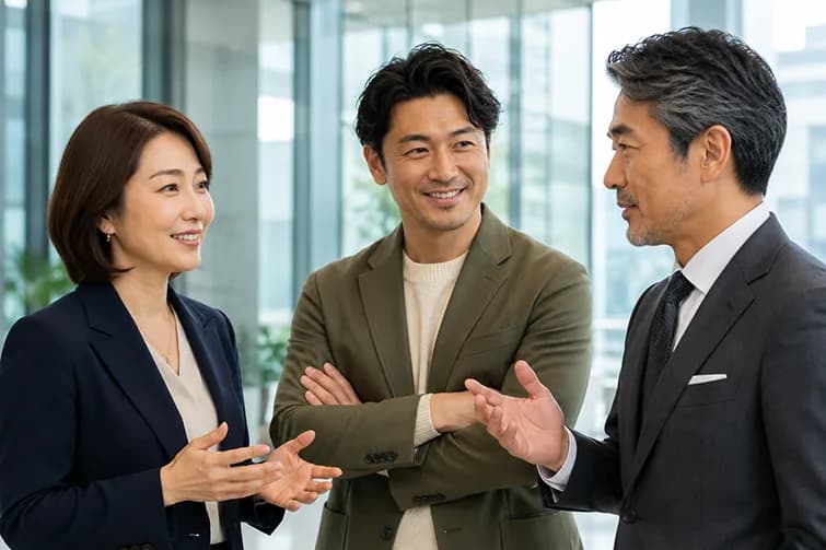 対話する3人のビジネスパーソン